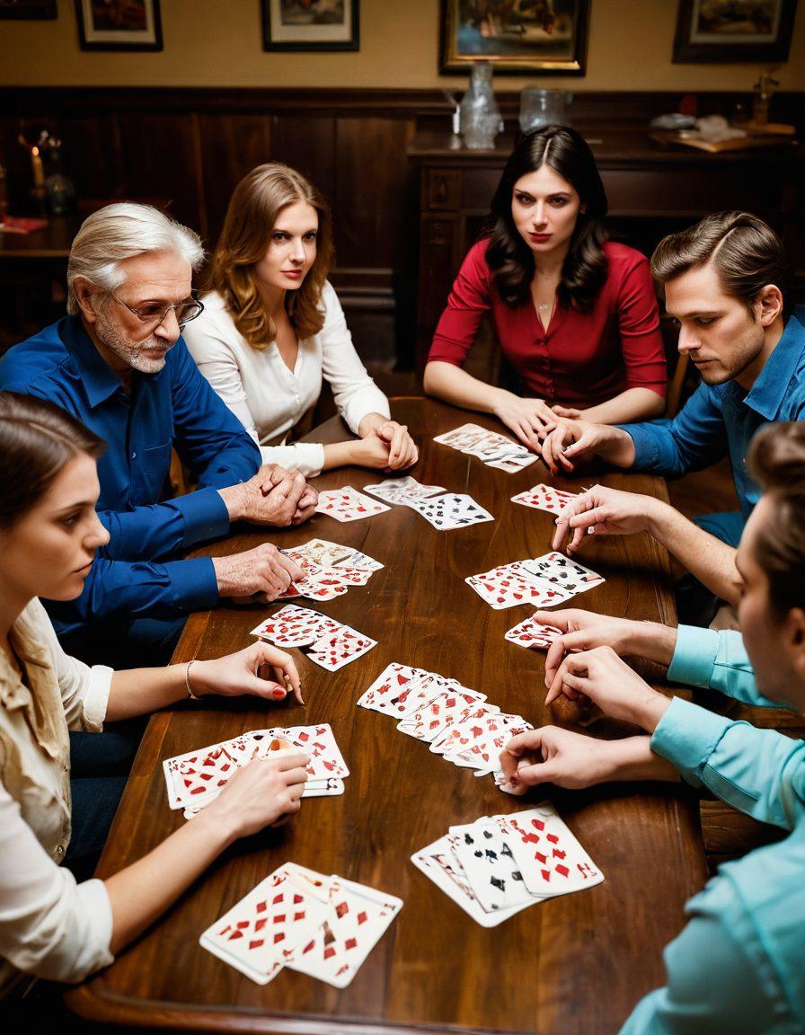 An intense game of rummy in progress, showcasing players deeply engaged with colorful cards spread across a vintage wooden table. Highlight strategic expressions on their faces, a cozy living room setting with warm lighting, and intriguing decor that hints at the game's history. If possible, a faint overlay of strategy notes and tips floating around to emphasize the thrill and intellect involved. vibrant colors. super-realistic.