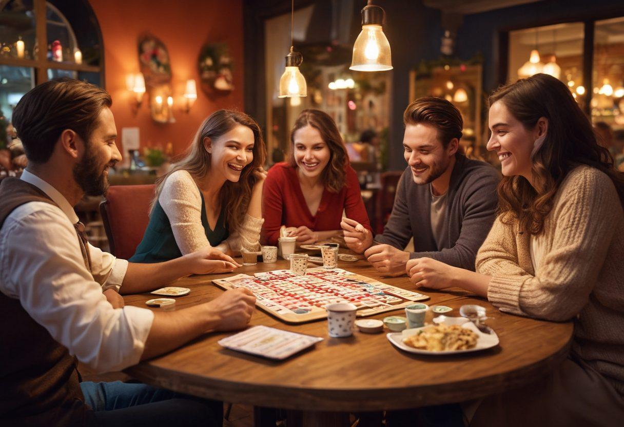 A vibrant, lively scene depicting a diverse group of people gathered around a large table, passionately playing Rummy together. Set in a cozy, welcoming café with warm lights and colorful decorations, showcasing expressions of joy and excitement on their faces. Include cards scattered across the table and plates of snacks in the background to emphasize the fun and social aspect of gaming. whimsical style. vibrant colors. cozy atmosphere.
